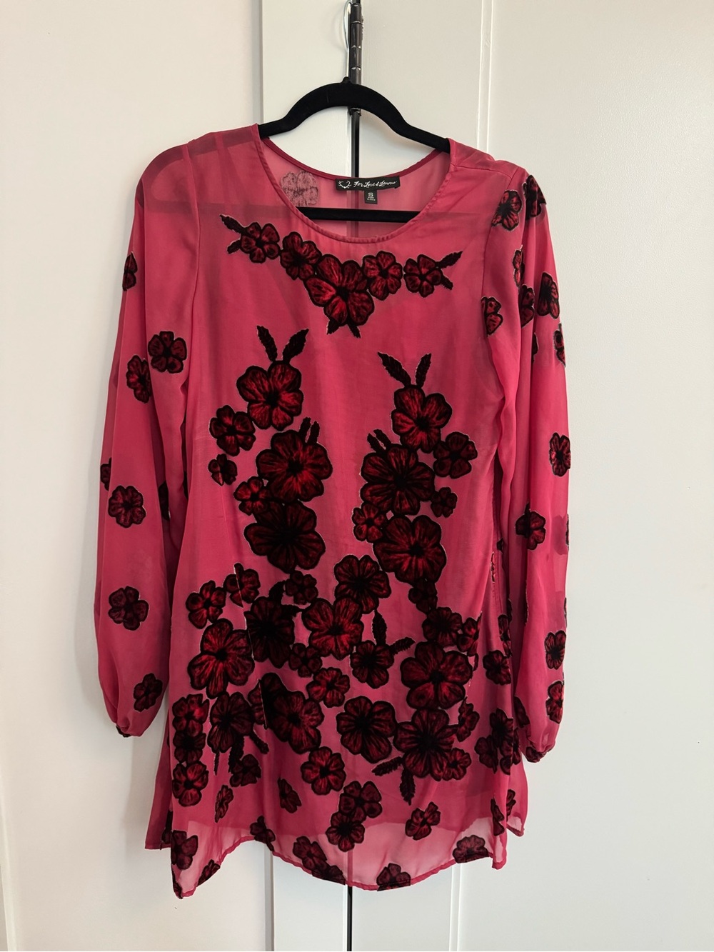 For Love & Lemons Pink Sheer Floral Long Sleeve Tunic Dress